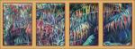 Four coordinating Sumac Bushes 6 x 4 inches acrylics on canvas, narrow red frames 