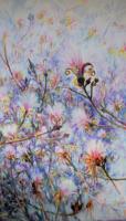 Flowering Shavingbrush Tree, 85 x 45 x 3 inches Acrylics on canvas, sturdy custom built stretcher frame, gallery wrapped sides painted, framed