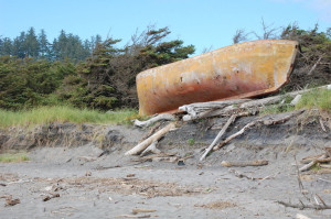 Beached wooden boat, Fort Canby, Washington